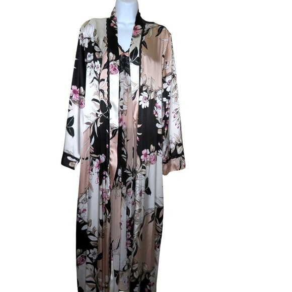 Linea Donatella Floral Chiffon Nightgown & Robe Set Lace Trim Black/Pink Medium - Picture 8 of 12